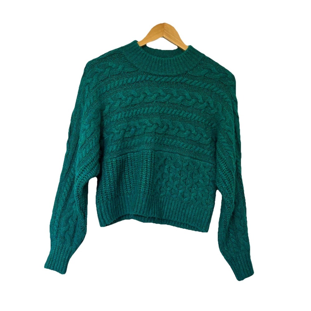 Abercrombie & Fitch Cropped Cable Knit Sweater Teal Green Womens S Crewneck Cozy